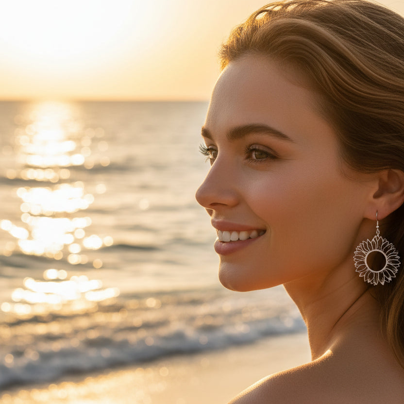 Gorgeous Lasered Wooden Sunflower Earrings