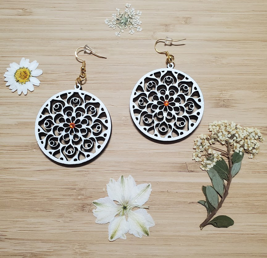 Lasered and Handpainted Wooden Round Mandala Earrings