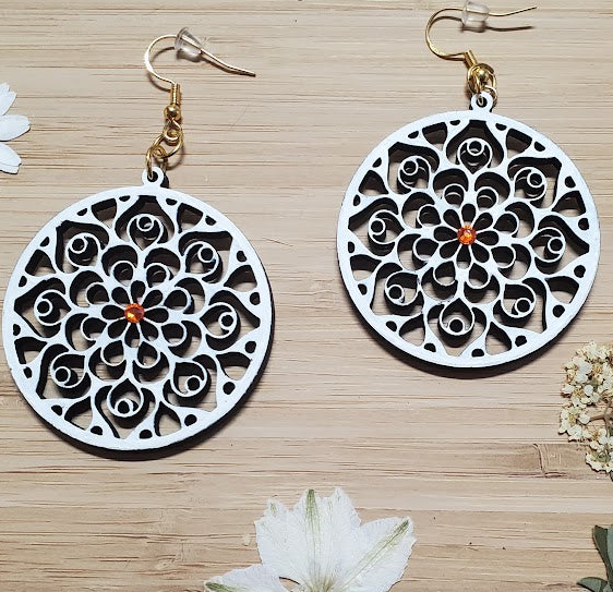 Lasered and Handpainted Wooden Round Mandala Earrings