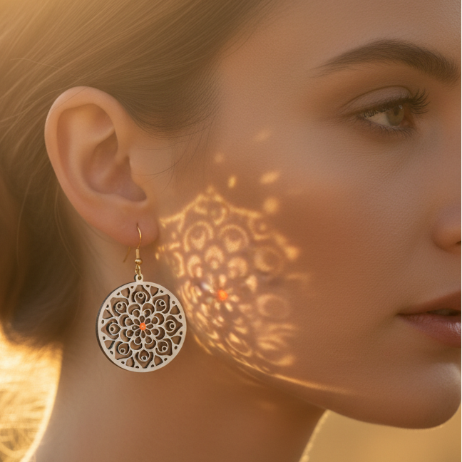 Lasered and Handpainted Wooden Round Mandala Earrings