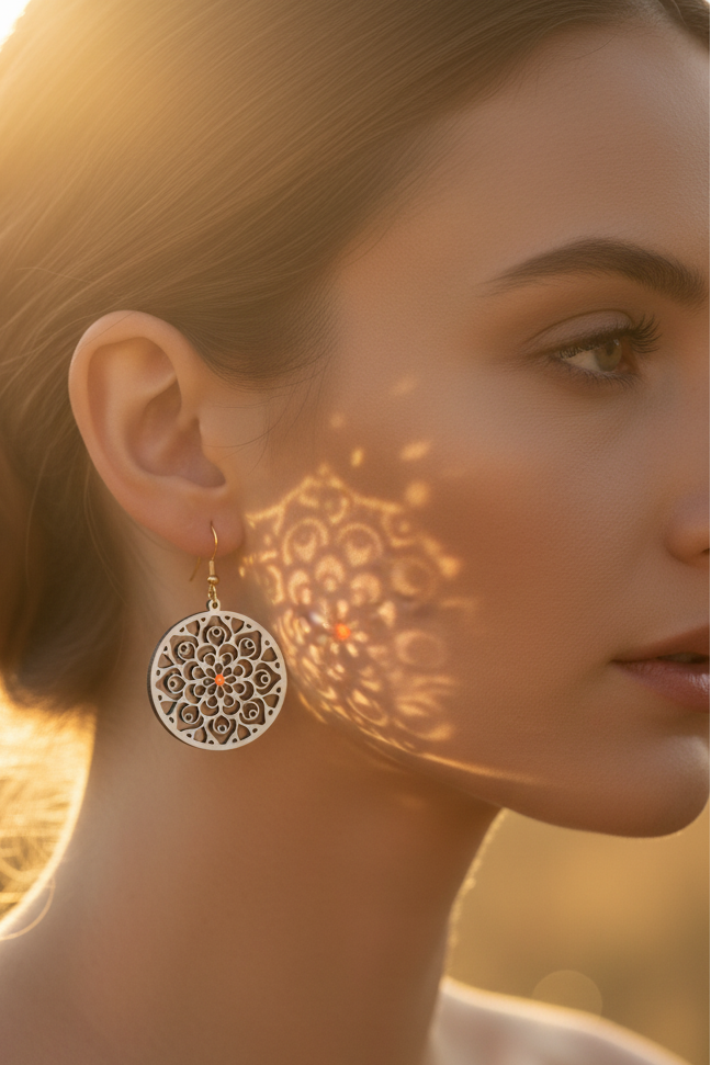 Lasered and Handpainted Wooden Round Mandala Earrings