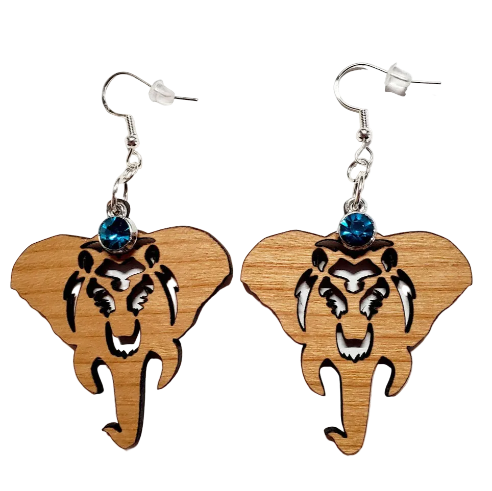 Wooden Elephant Earrings w/Rhinestone