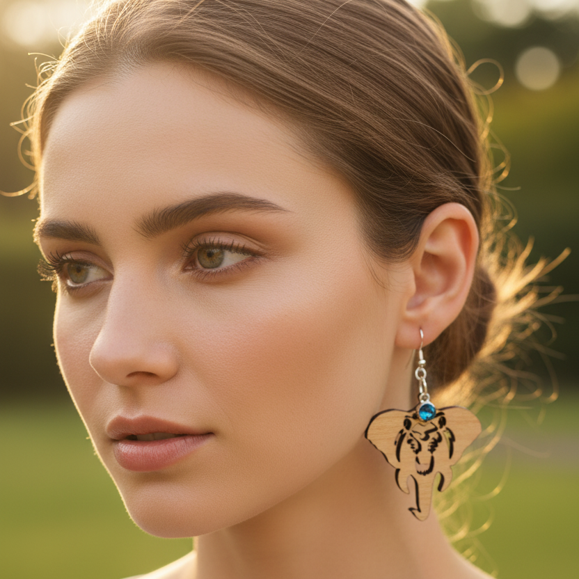 Wooden Elephant Earrings w/Rhinestone