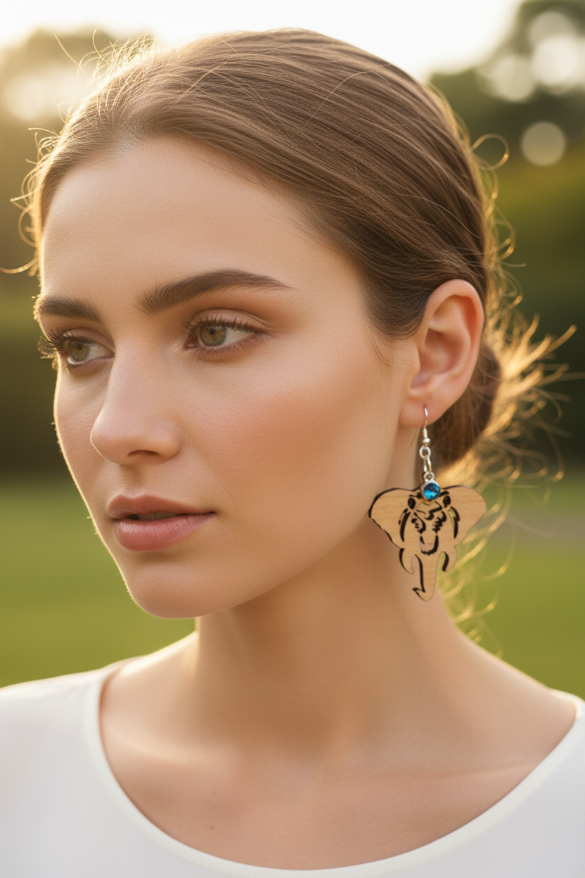 Wooden Elephant Earrings w/Rhinestone
