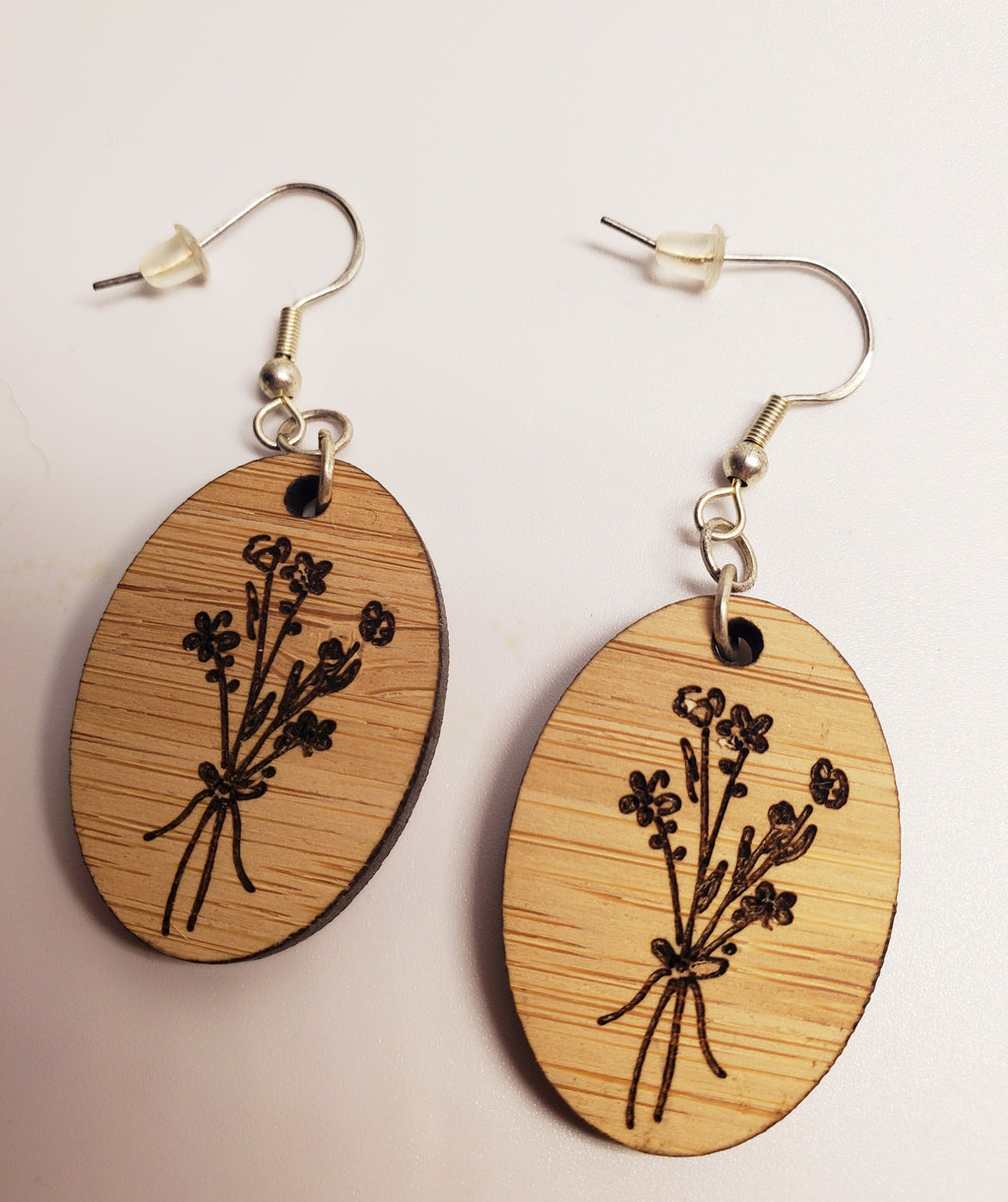 Lasered Wooden Bouquet Oval Earrings
