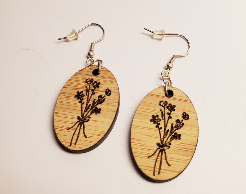 Lasered Wooden Bouquet Oval Earrings