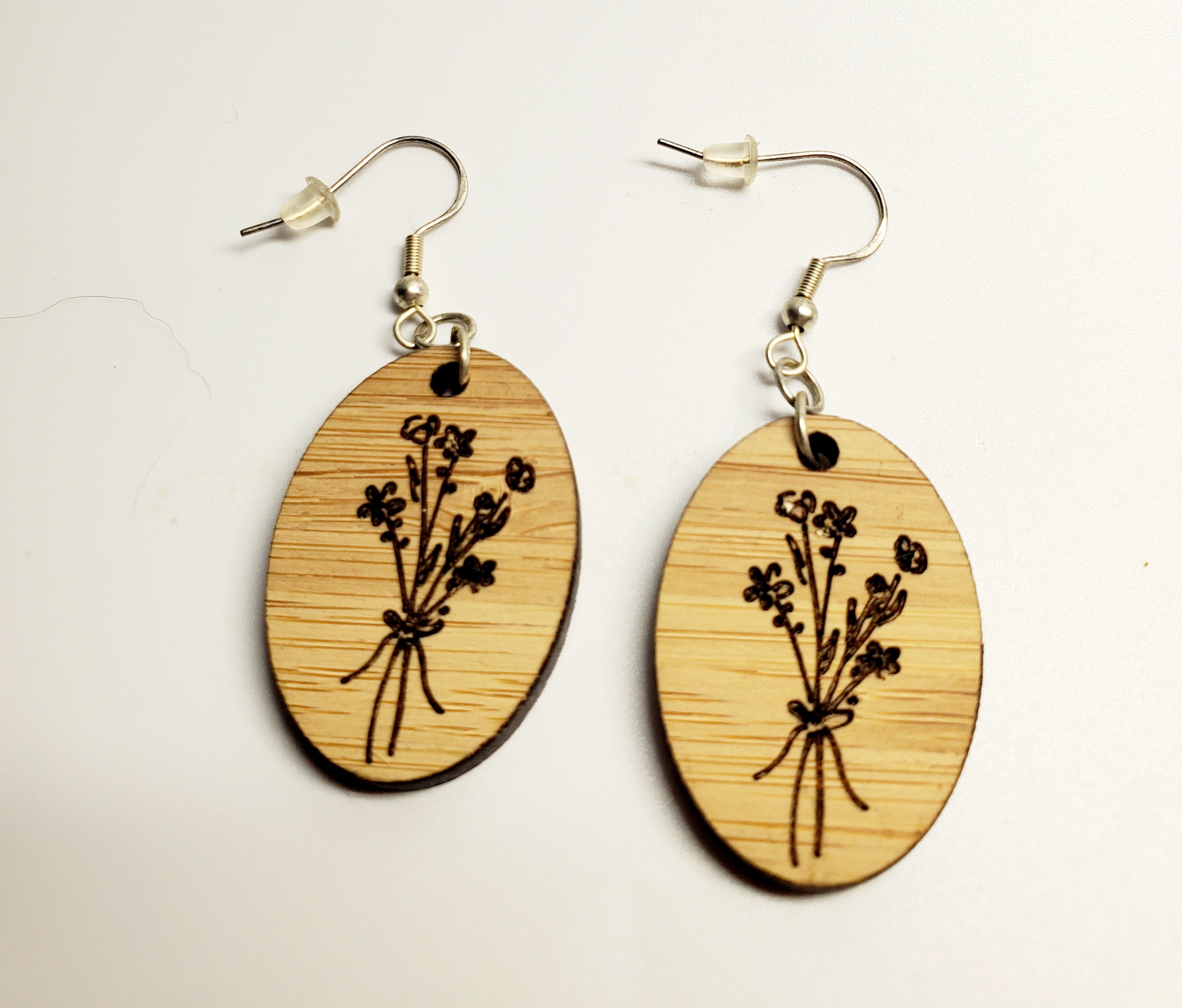 Lasered Wooden Bouquet Oval Earrings