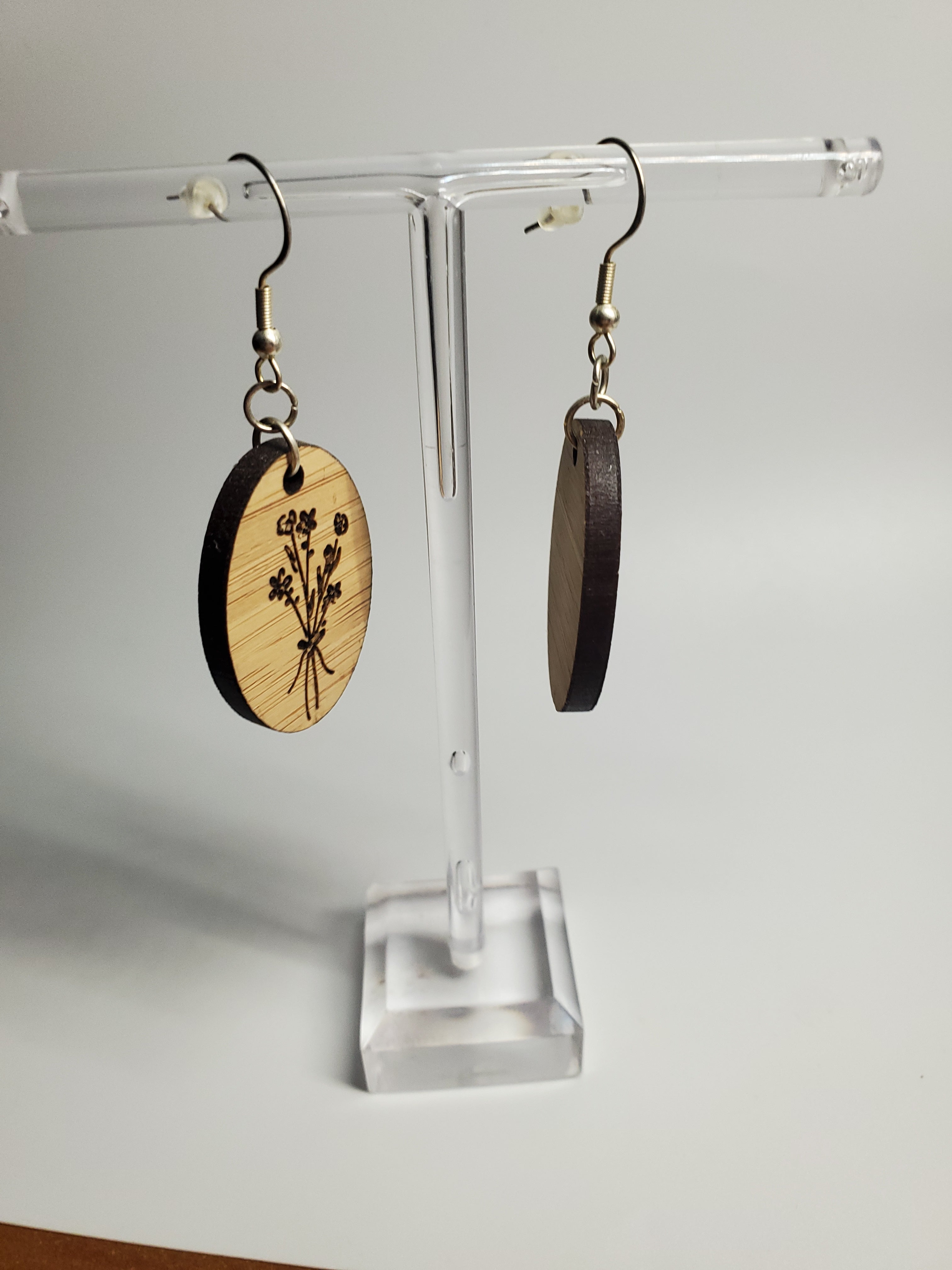 Lasered Wooden Bouquet Oval Earrings