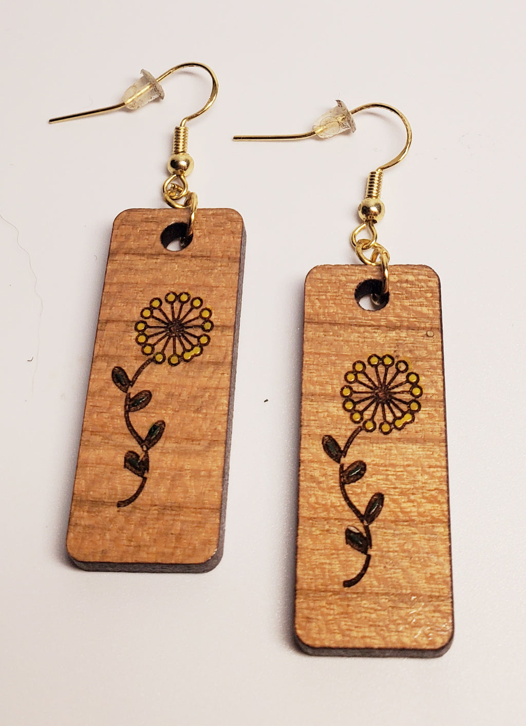 Rectangular Laser Etched Sunflower Earrings