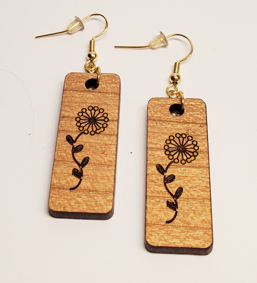 Rectangular Laser Etched Sunflower Earrings