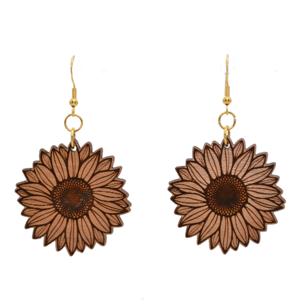 Laser Engraved Wooden Sunflower Earrings