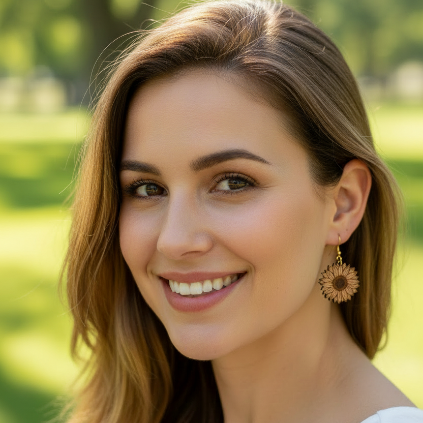 Laser Engraved Wooden Sunflower Earrings