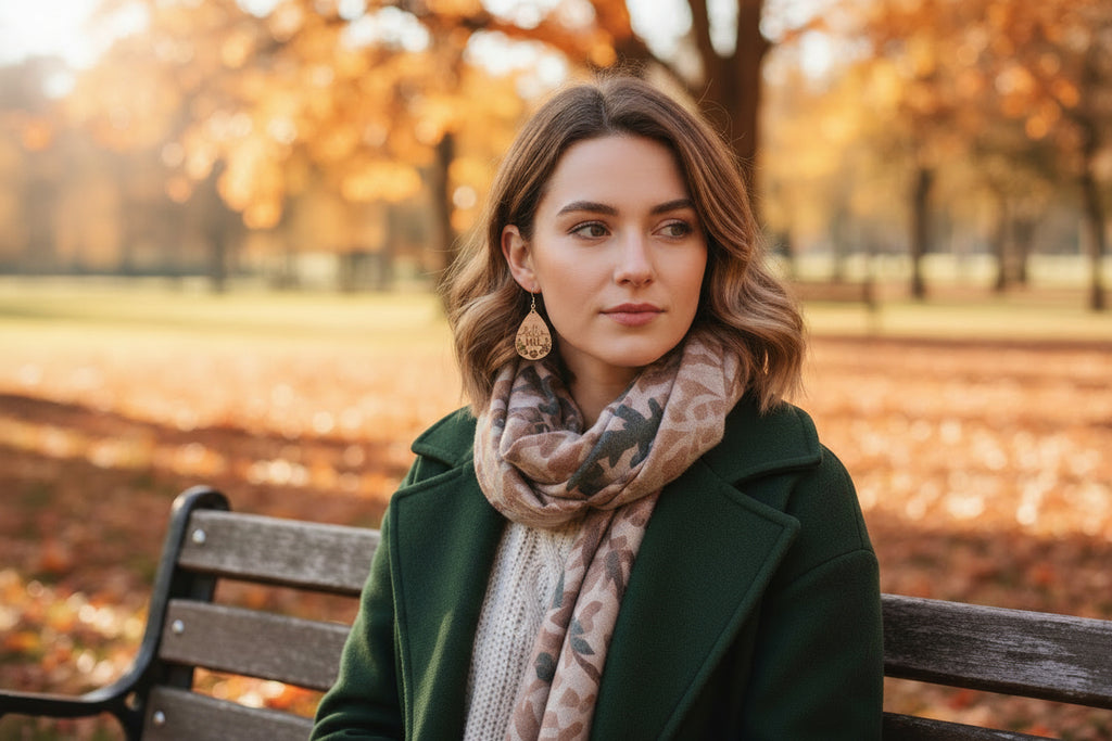Teardrop-shaped wooden earrings with 'hello fall' text and floral designs on a white background.