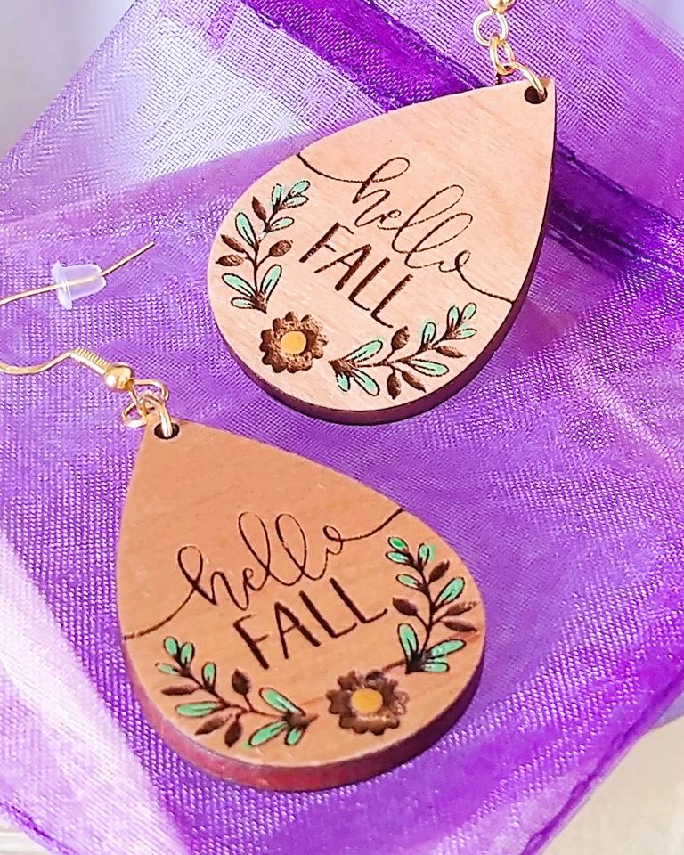 Laser Handcrafted Wooden "Hello Fall" Earrings.
