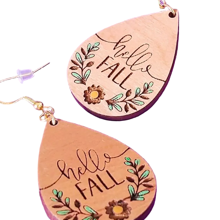 Laser Handcrafted Wooden "Hello Fall" Earrings.