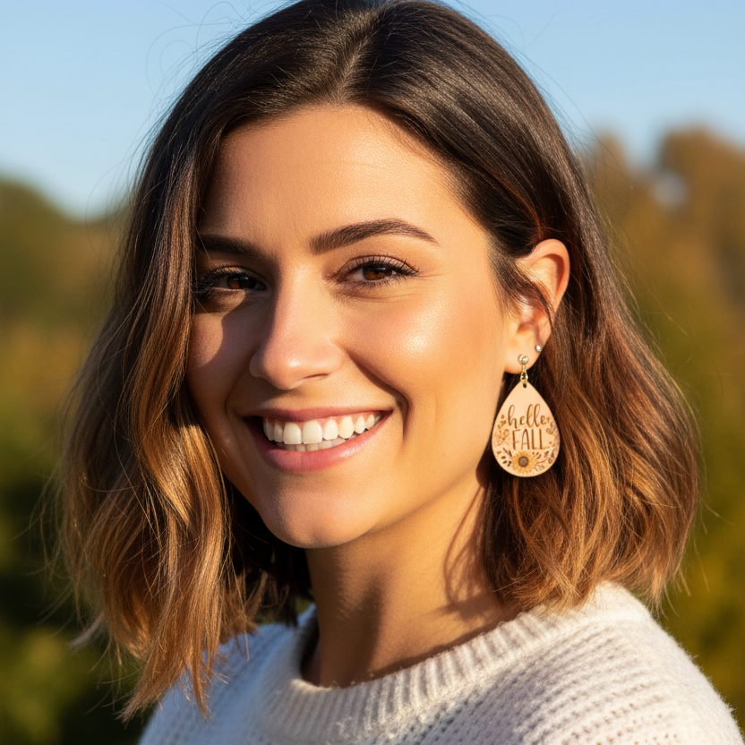 Laser Handcrafted Wooden "Hello Fall" Earrings.