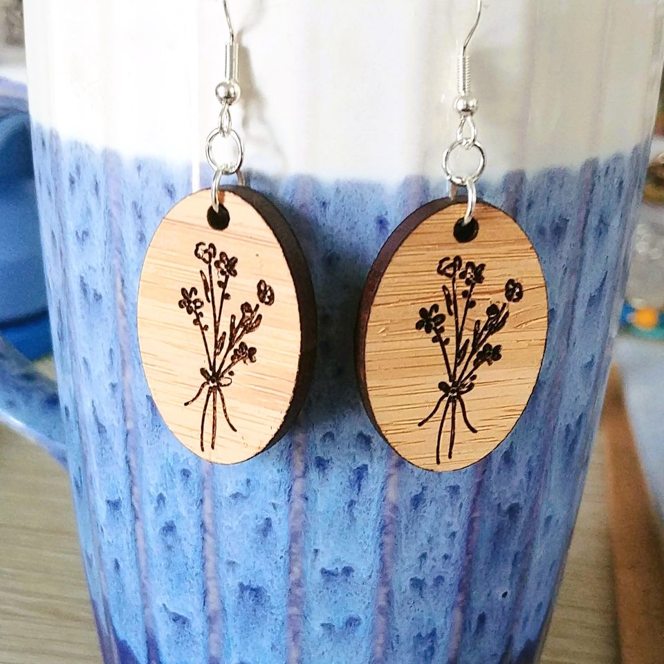 Lasered Wooden Bouquet Oval Earrings