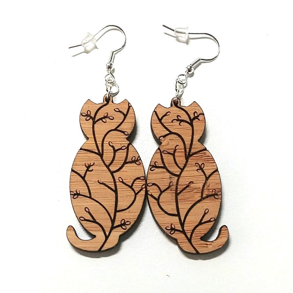 Wooden Cat Themed Earrings