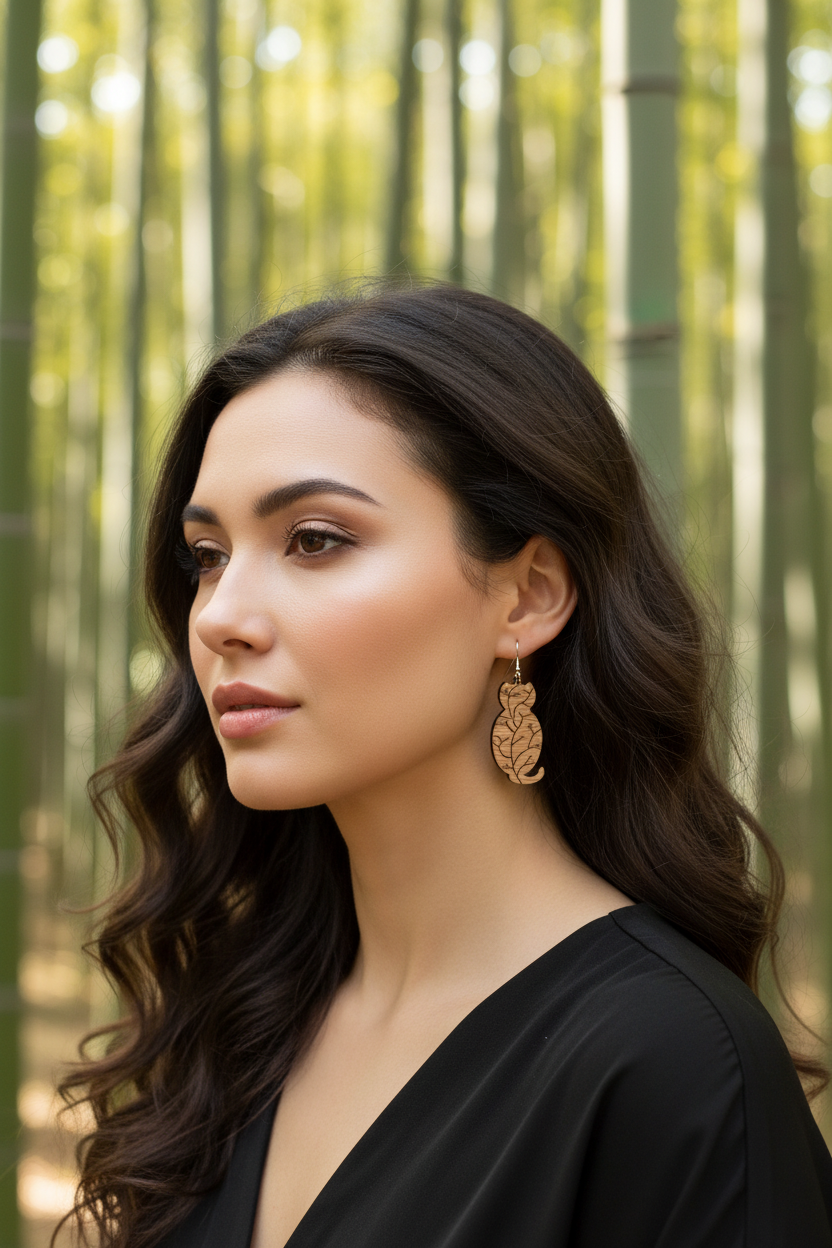 Wooden Cat Themed Earrings