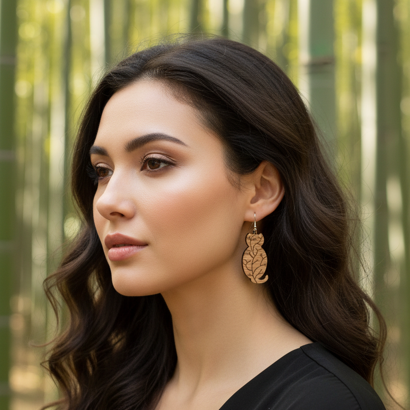 Wooden Cat Themed Earrings