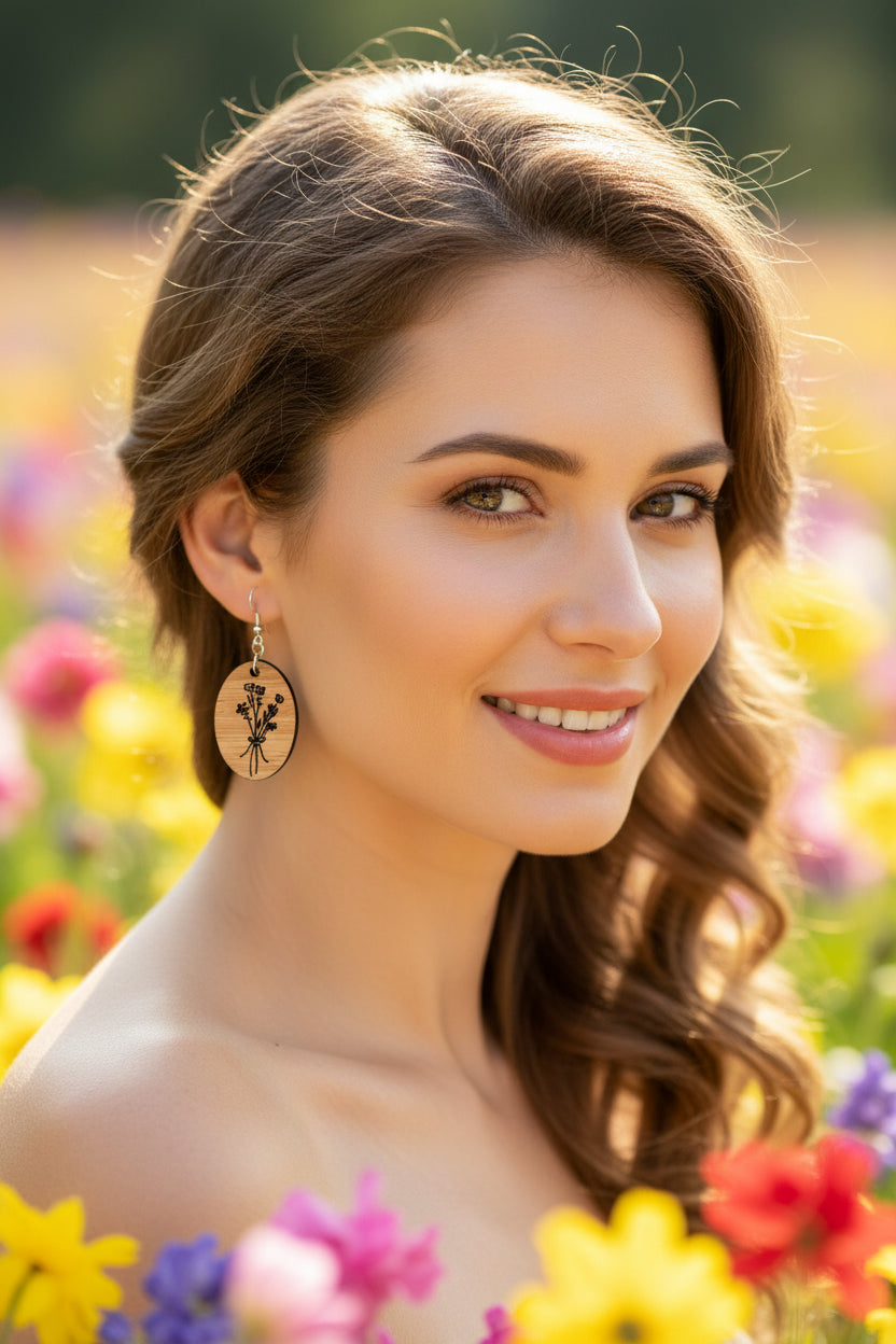 Lasered Wooden Bouquet Oval Earrings