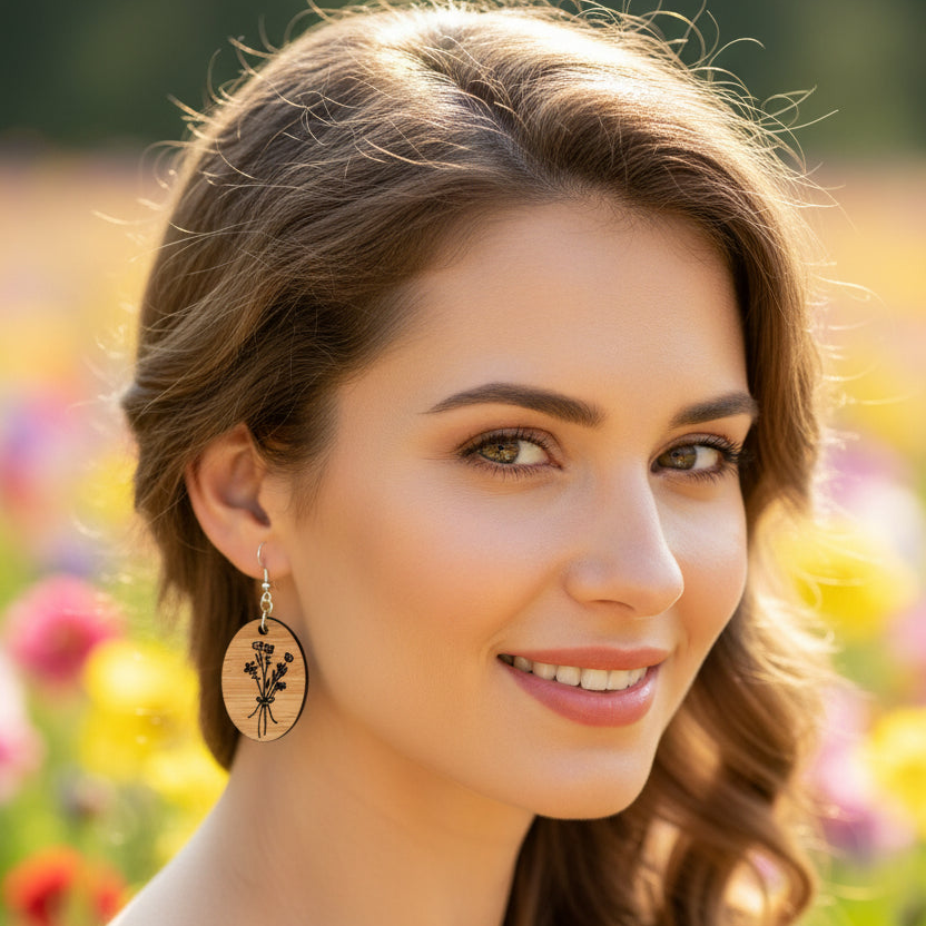 Lasered Wooden Bouquet Oval Earrings