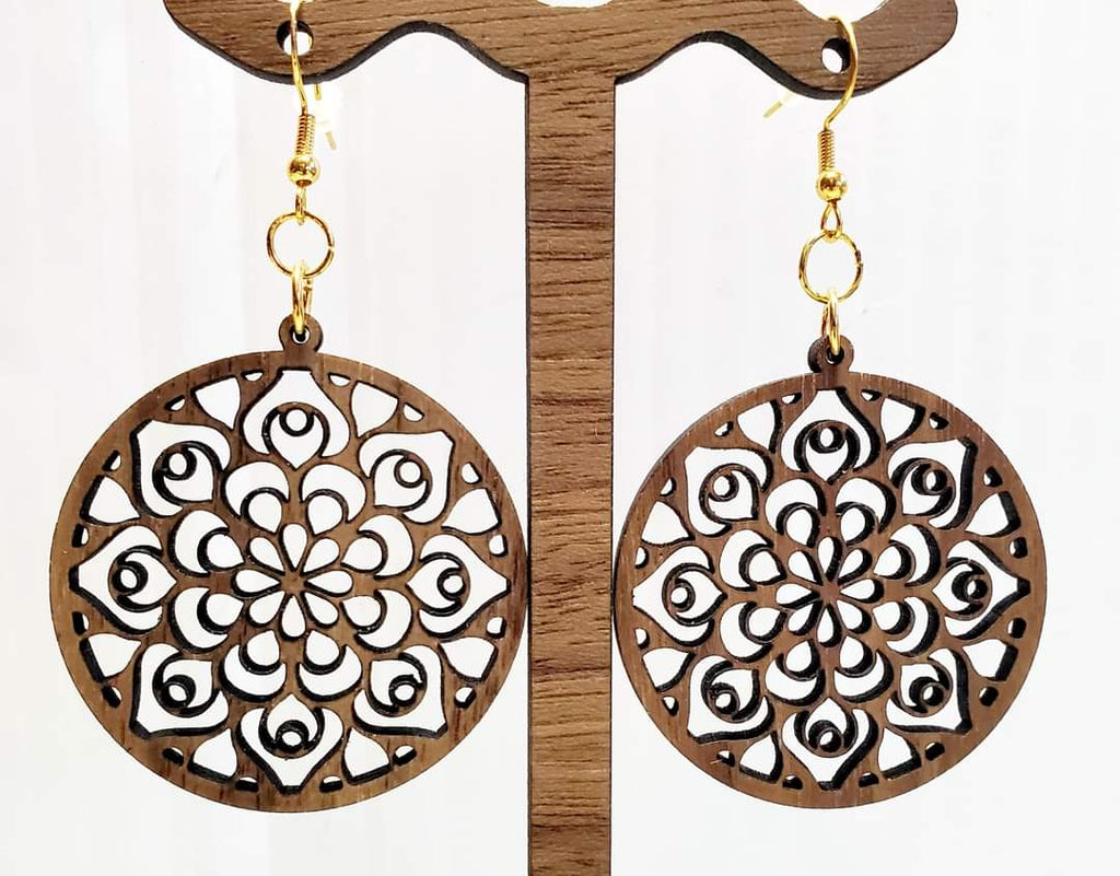Laser Handcrafted Round Wooden Mandala Earrings