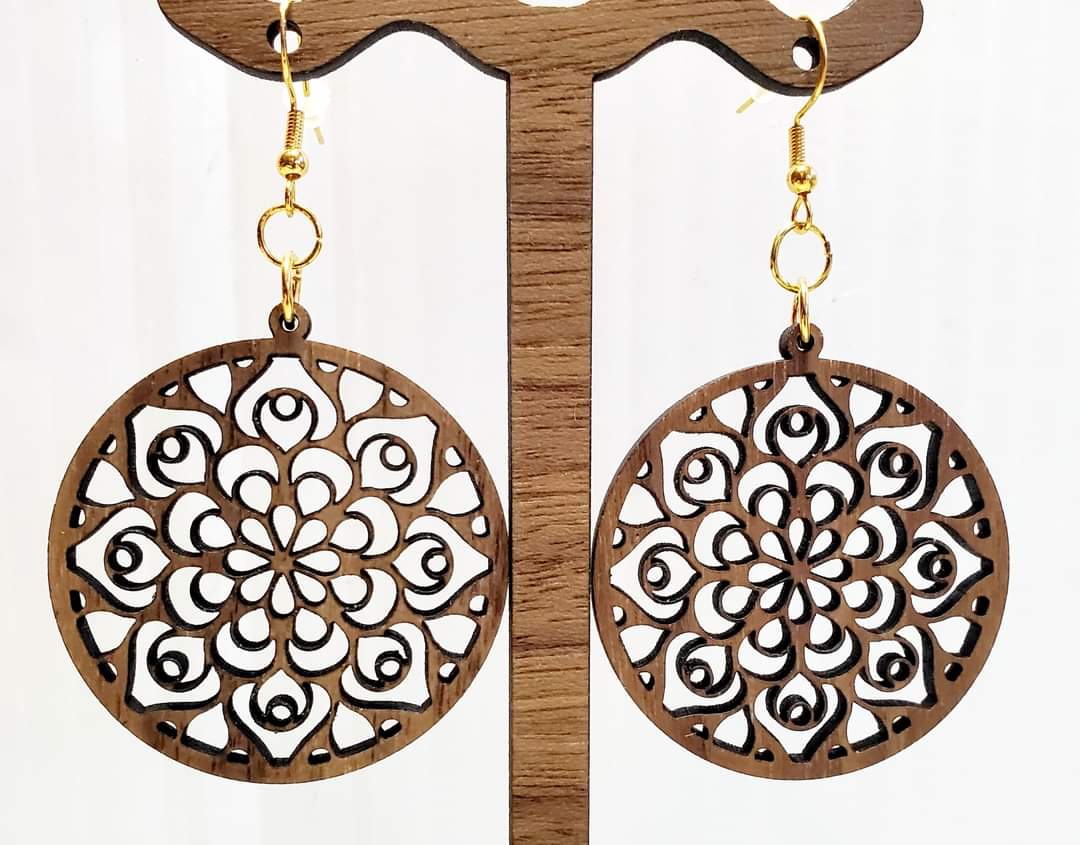 Laser Handcrafted Round Wooden Mandala Earrings