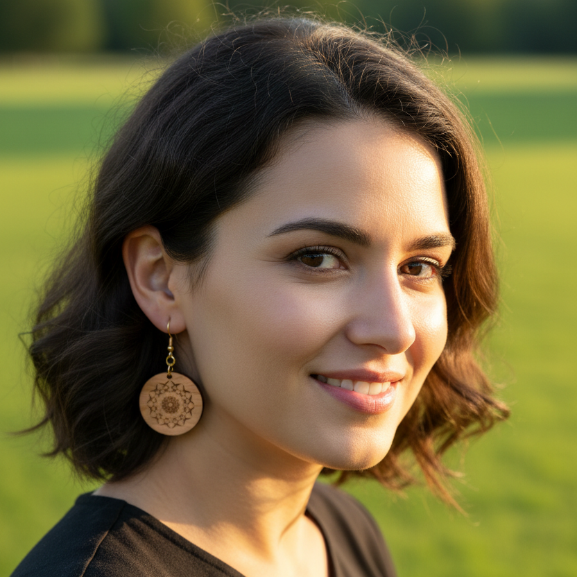 Wooden Round Laser Engraved Earrings