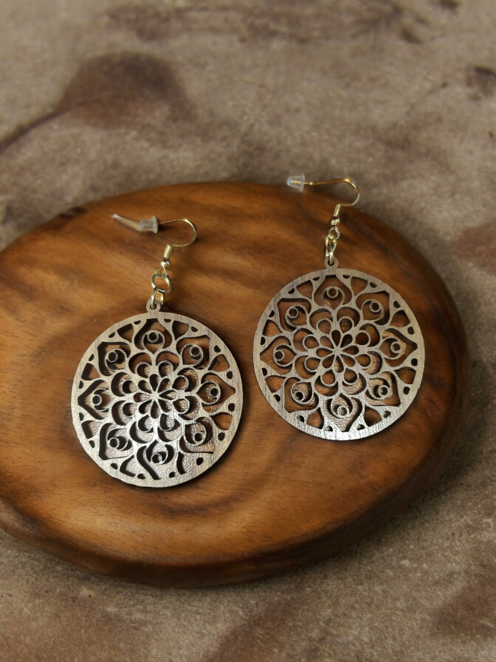 Laser Handcrafted Round Wooden Mandala Earrings