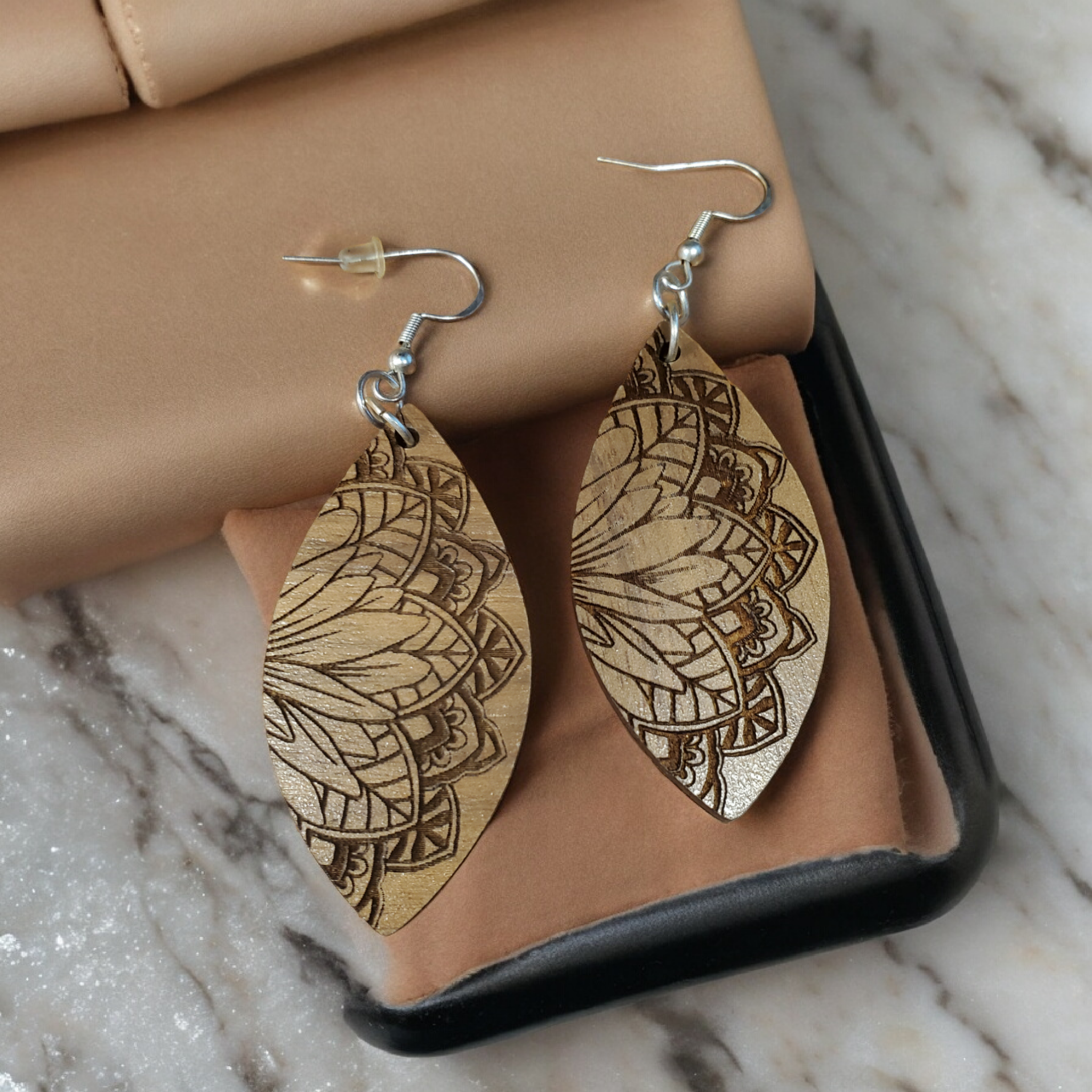 Laser Engraved Floral Cat Eye Shaped Wooden Earrings