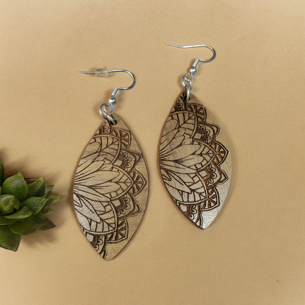 Laser Engraved Floral Cat Eye Shaped Wooden Earrings