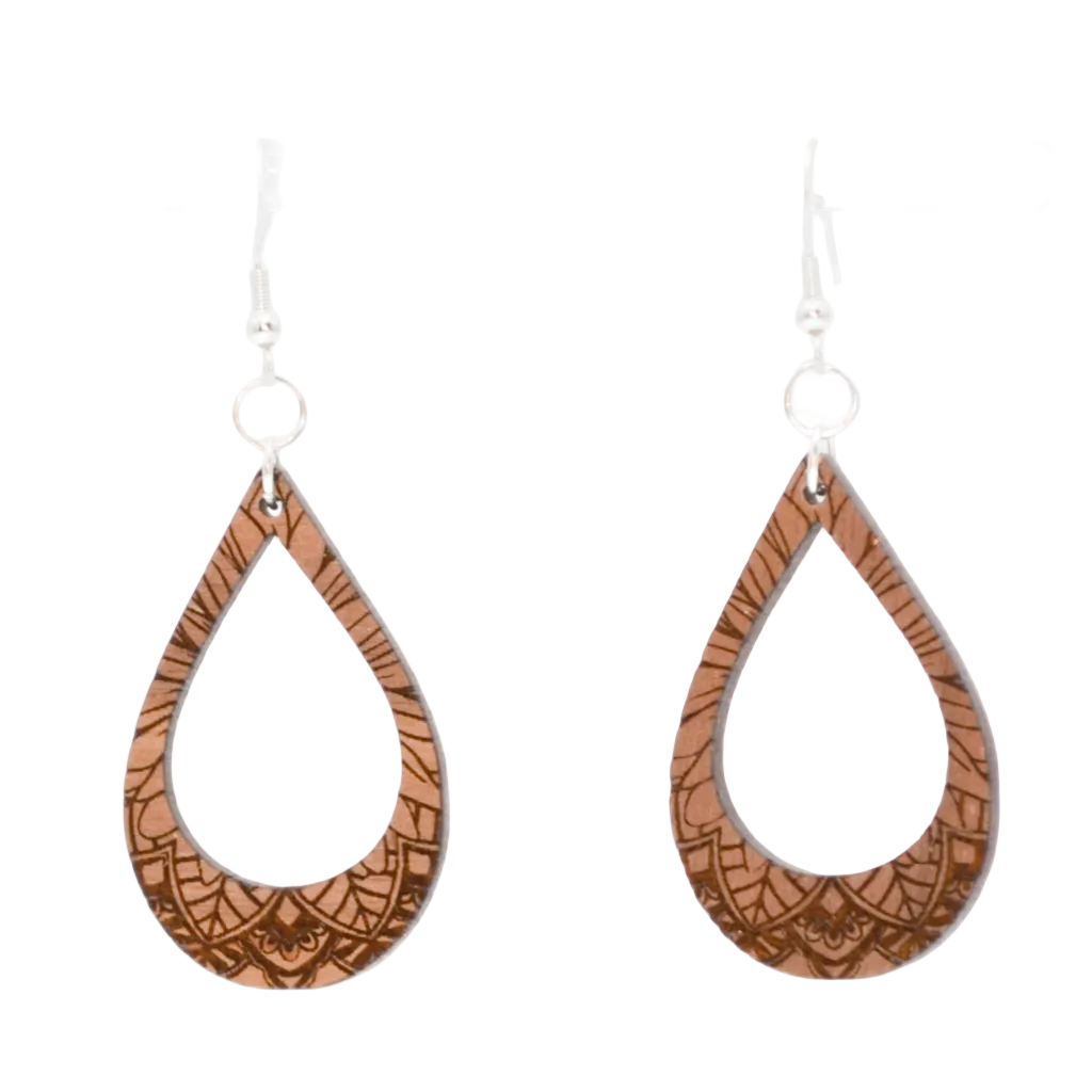 Laser Floral Engraved Double Teardrop Wooden Earrings