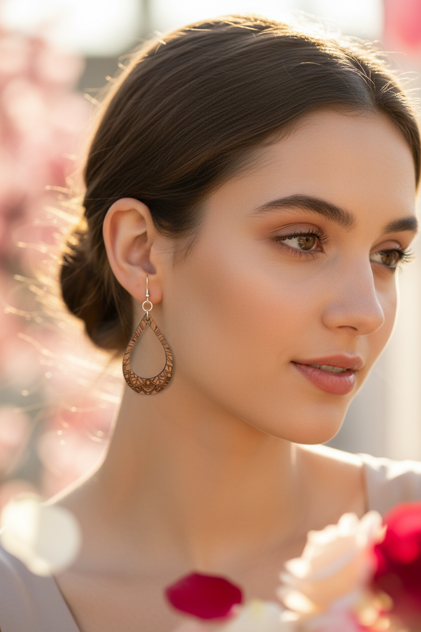 Laser Floral Engraved Double Teardrop Wooden Earrings