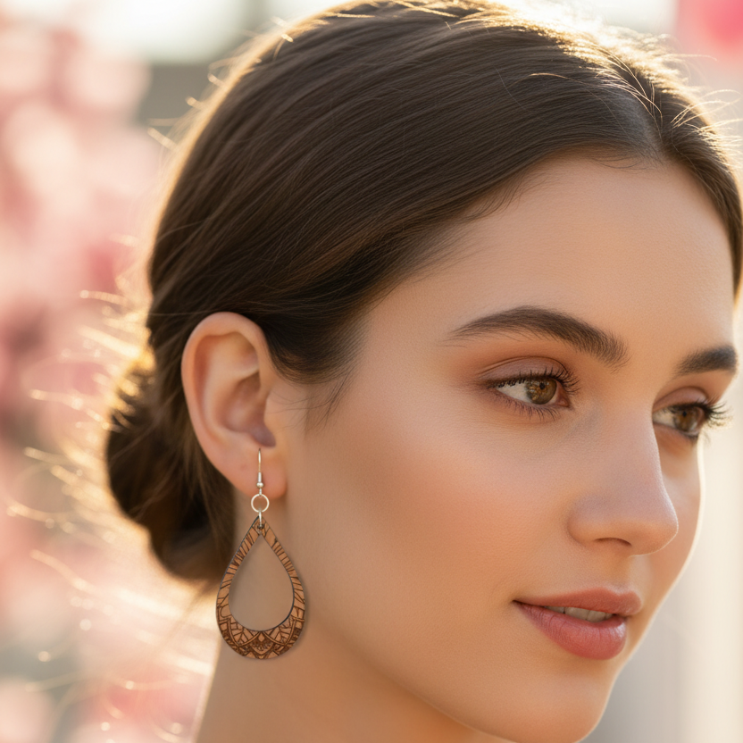 Laser Floral Engraved Double Teardrop Wooden Earrings