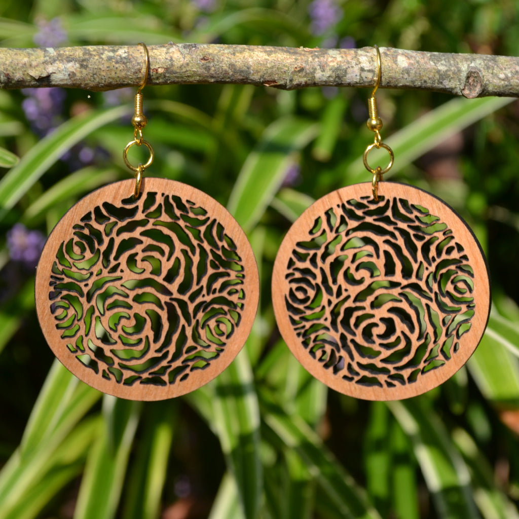 Precision Lasered Wooden Rosebud-Themed Earrings