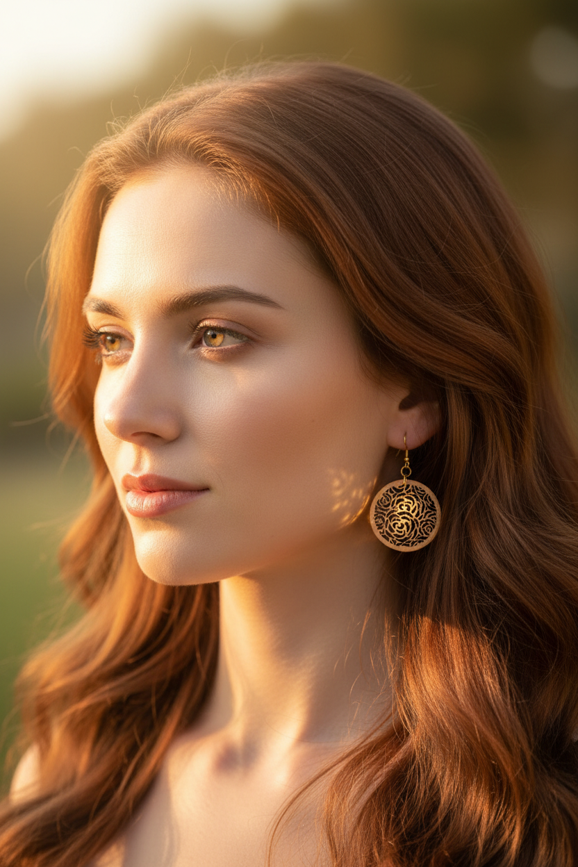 Precision Lasered Wooden Rosebud-Themed Earrings