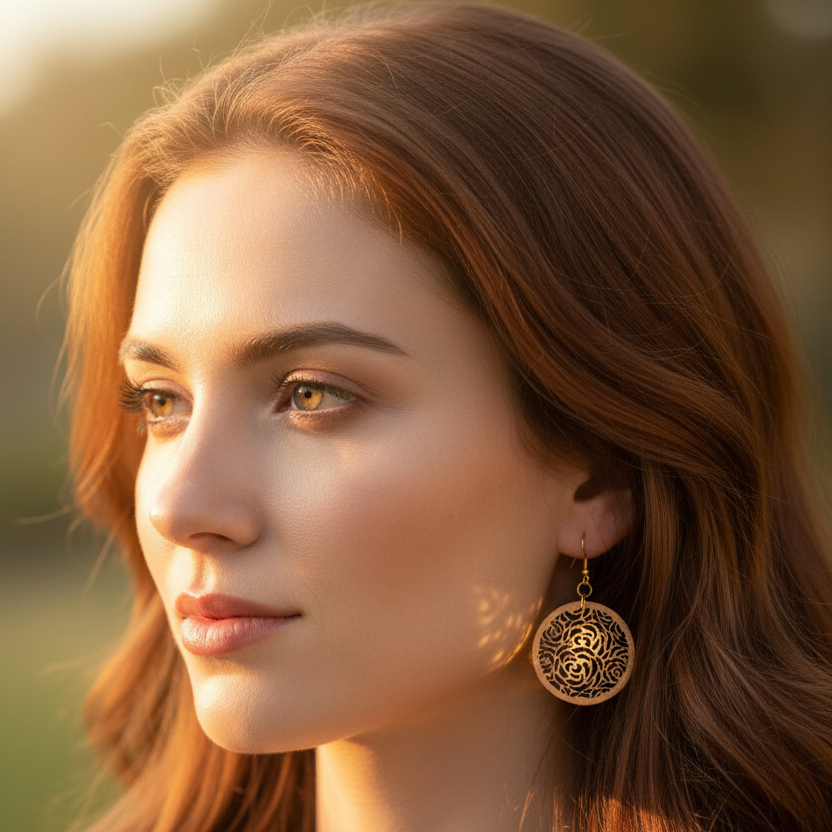 Precision Lasered Wooden Rosebud-Themed Earrings