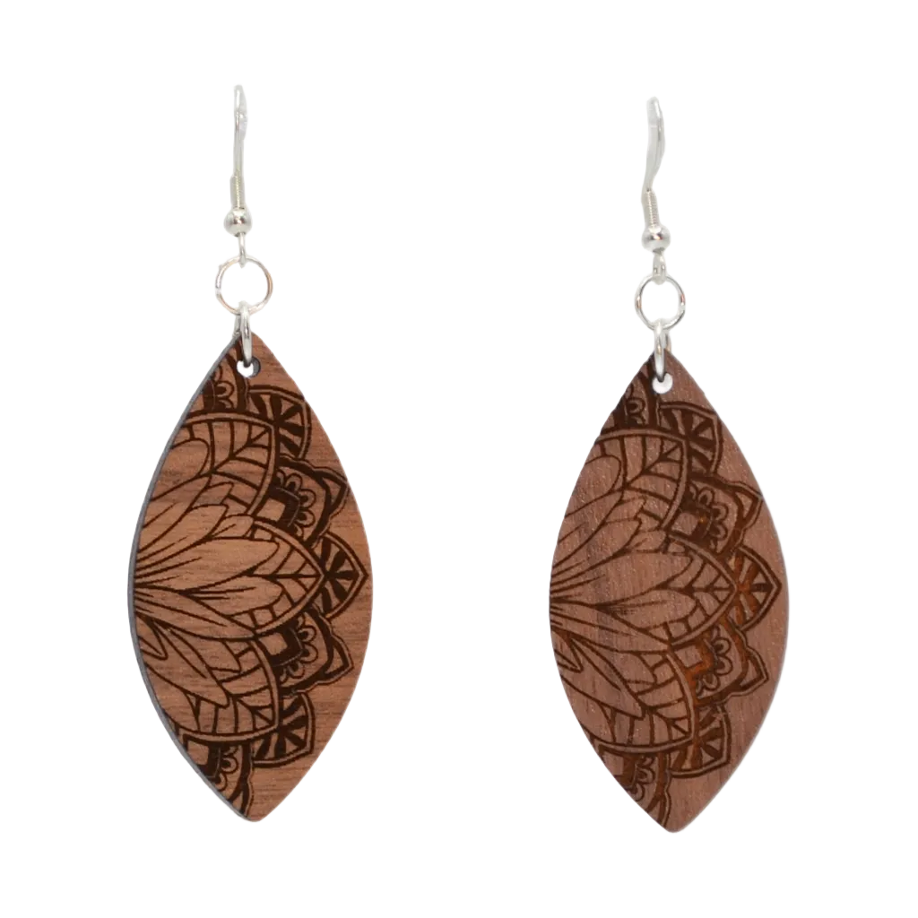 Laser Engraved Floral Cat Eye Shaped Wooden Earrings