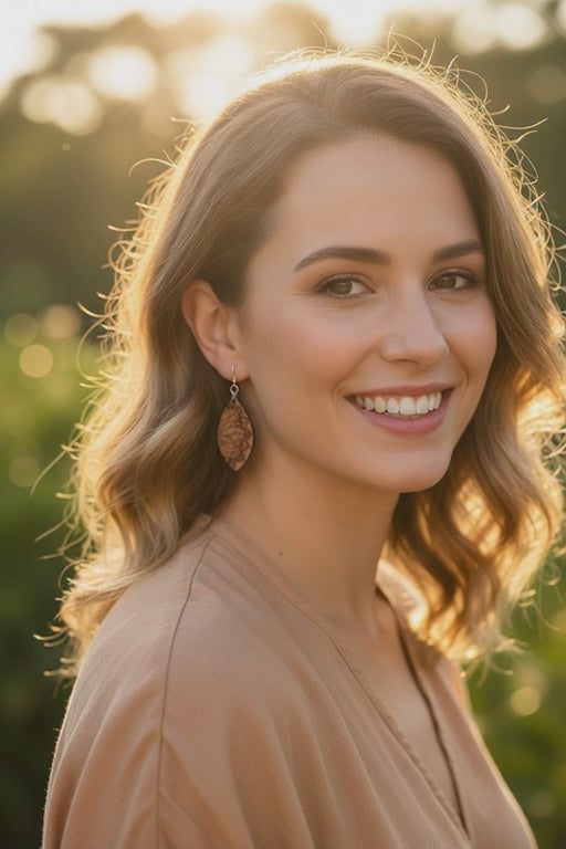 Laser Engraved Floral Cat Eye Shaped Wooden Earrings