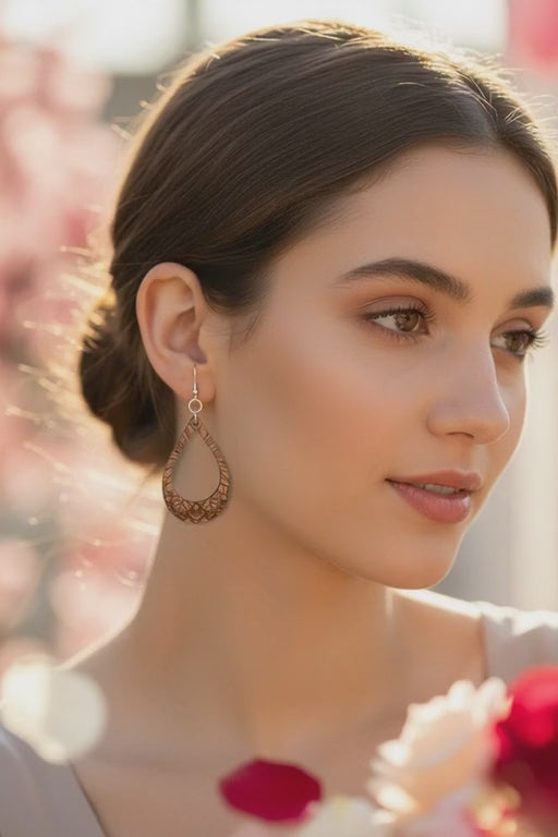 Laser Floral Engraved Double Teardrop Wooden Earrings