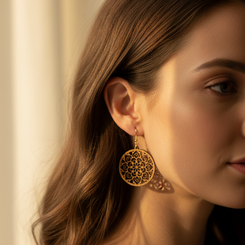 Laser Handcrafted Round Wooden Mandala Earrings