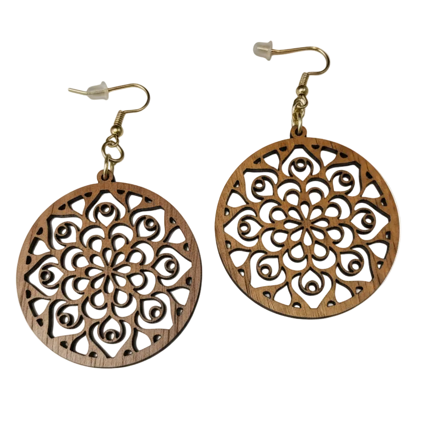 Laser Handcrafted Round Wooden Mandala Earrings